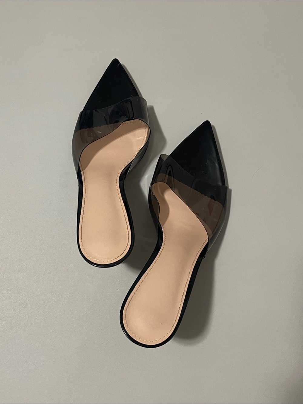 Pointed Toe Black Slip-On Mules with Clear Strap